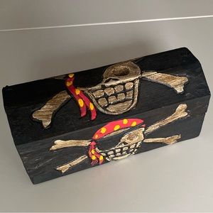 Hand-carved Wooden Pirate Treasure Chest Trinket Jewelry Keepsake Box.
